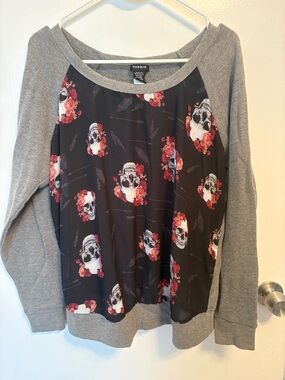 torrid Black Pullover with Grey Trim & Red Floral Accent